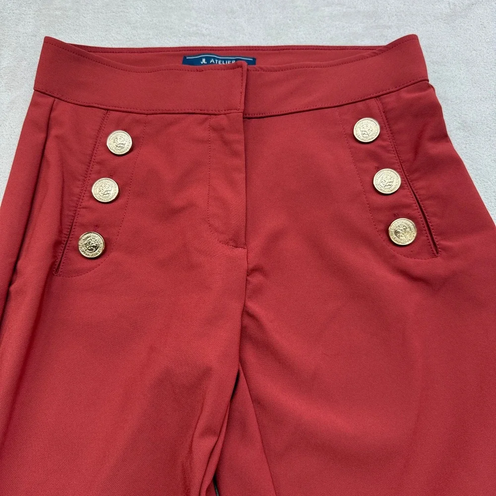 JL Atelier Sailor Pants Women S Burgundy Red Gold Button Flare High Rise Trouser
